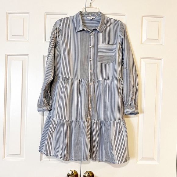 Time and Tru Mini Striped Blue White Long Sleeve Button-Down Shirt Dress. Med - Picture 1 of 14